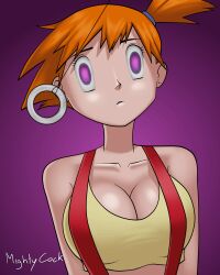 animated animated_gif breasts cleavage coin empty_eyes expressionless female_only femsub glowing glowing_eyes large_breasts mightycock misty nintendo orange_hair pendulum pokemon pokemon_(anime) purple_eyes short_hair solo standing suspenders 