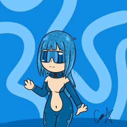 blue_hair breasts clothed_exposure collar female_only femsub glasses happy_trance hypnotic_accessory large_breasts latex long_hair midriff original shyker smile solo suit tech_control visor yume_miyuki_(kirbysuper123)