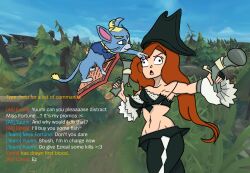  black_eyes book cat_ears cat_girl cat_tail clothed dialogue english_text ezreal_(league_of_legends) femdom femsub finger_to_forehead floating green_eyes gun hat league_of_legends long_hair midriff miss_fortune_(league_of_legends) navel outdoors pirate plesleps red_hair slit_pupils text trees unfocused_eyes weapon yuumi_(league_of_legends) 