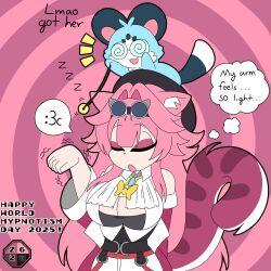 breasts cartoonzombie chattini cleavage closed_eyes dialogue english_text eyeshadow femsub hololive large_breasts makeup pendulum pink_hair raora_panthera sleeping speech_bubble spiral_background tail text thought_bubble very_long_hair virtual_youtuber 