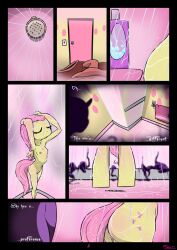 bottomless breasts comic fluttershy furry horse_girl long_hair my_little_pony nude pink_hair shampoo shower slypon text topless wings