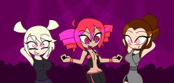  alternate_costume arms_above_head blonde_hair breasts brown_hair clothed crossover dancing femdom femsub happy_trance hypnoscream hypnotic_dance midriff navel red_hair rey_(star_wars) roxie_richter scott_pilgrim_(series) smile spiralwash_eyes star_wars teto_kasane vocaloid 
