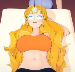  3d amputee blonde_hair bra breasts clothed crystal glowing_eyes hand_on_head happy_trance large_breasts long_hair lying maledom navel on_back open_mouth pendulum rwby smile soundofcontrol story very_long_hair whitewash_eyes yang_xiao_long 