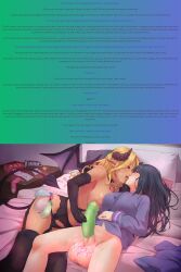  babylon_(manipper) caption chastity condom dark_skin exposed_chest femdom futanari futasub horns hypnotic_kiss large_balls large_penis lingerie magic_tattoo penis_milking short_hair succubus tattoo transgender wholesome yuri 