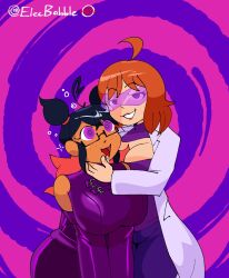  ahoge arm_warmers bangs belt black_hair cheek_squish cleavage cleavage_cutout clothed dark_skin drool elecbabble eyebrows_visible_through_hair female_only femdom femsub freckles glasses hair_buns hand_on_another's_cheek happy_trance huge_breasts lab_coat large_breasts latex leaning_forward lipstick long_hair looking_at_viewer multicolored_hair open-chest_sweater open_mouth orange_hair original pants purple_eyes raiza_(elecbabble) red_hair ring_eyes short_hair smile sonia_(the_goddess_sonia) spiral_background visor 