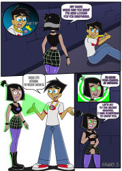  black_hair blue_eyes breasts comic danny_fenton danny_phantom_(series) dialogue dlobo777 drool expressionless femsub ghost glowing glowing_eyes goth green_eyes groping happy_trance heterosexual holding_breasts hypnotic_accessory large_breasts lipstick midriff nickelodeon open_mouth possession purple_lipstick sam_manson short_hair skirt skirt_lift smile spiral spiral_eyes symbol_in_eyes text 