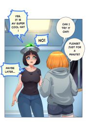bangs black_hair chien_vietnam clothed comic english_text female_only femsub hoodie jeans multiple_girls orange_hair original ring_eyes shirt short_hair speech_bubble standing text ufo ufo_hat