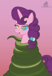  animals_only bubble coils kaa_eyes lunahazacookie my_little_pony open_mouth pink_background purple_hair simple_background snake sugar_belle tail unicorn_girl 