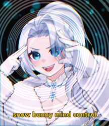 absurdres blue_eyes blush caption cleavage cleavage_cutout clothed coat english_text evil_smile femdom gloves hair_covering_one_eye humor jewelry long_hair monarch official open_mouth ponytail pov pov_sub psychic smile symbol_in_eyes text virtual_youtuber vshojo white_hair