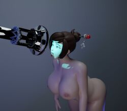 3d ahegao ass bent_over bottomless breasts brown_hair crossed_eyes female_only femsub gradient_background hair_buns hair_ornament hairpin heavy_eyelids huge_breasts hypnotic_light mei_(overwatch) nipples nude overwatch short_hair simple_background single_hair_bun slouching solo tech_control thesalazar tongue tongue_out topless updo