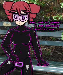 aware bodysuit bulge chair collarbone drill_hair drone female_only femsub forest large_breasts navel null_bulge outdoors purple_eyes red_hair sitting solo spiral spread_legs tech_control teto_kasane trance_delightful transfem transgender_identity visor vocaloid