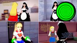  3d black_hair blonde_hair dc_comics diana_prince empty_eyes femsub happy_trance hypnotic_screen hypnotized_hypnotist justice_league_(series) justice_league_unlimited kara_zor-el koikatsu! large_breasts maid maid_headdress opera_gloves spiral_eyes spiralwash_eyes supergirl superman_(series) text wonder_woman wonder_woman_(series) yb1999 
