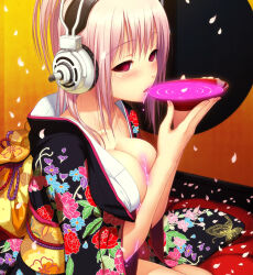 blush breasts dazed drinking empty_eyes female_only femsub headphones kimono kneeling large_breasts long_hair manip nitroplus original pink_hair solo super_sonico tiechonortheal_(manipper)
