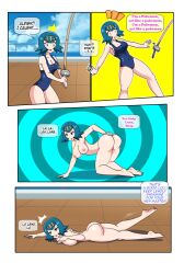 blue_eyes blue_hair bottomless breasts comic dlobo777 empty_eyes femsub lana_(pokemon) large_breasts nintendo nude one-piece_swimsuit open_mouth pokemon pokemon_sun_and_moon short_hair swimsuit tagme text topless 