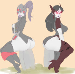 ass black_hair bottomless breasts corruption earrings fangs glowing glowing_eyes high_heels jewelry large_breasts lipstick long_hair open_clothes overwatch ponytail purple_hair slit_pupils sundown symmetra thighhighs vampire widowmaker