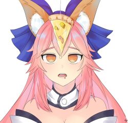 animal_ears artist_request breasts caster_(fate/extra) drool empty_eyes fate/extra fate_(series) female_only femsub fox_girl humor large_breasts long_hair open_mouth pink_hair pizza spiral_eyes symbol_in_eyes