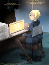 absurdres ass blonde_hair character_request darkhatboy feet femsub glasses happy_trance humiliation hypnotic_screen milf office_lady original short_hair sitting skirt smile spiral spread_legs tech_control text unaware urination