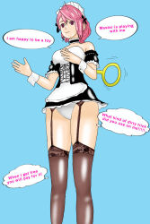  aira_shiratori aware blue_background breasts dandadan dialogue dollification empty_eyes english_text female_only femsub happy_trance maid maid_headdress oscuro391 panties pink_hair simple_background solo speech_bubble text thighhighs thighs thought_bubble wind-up_key 