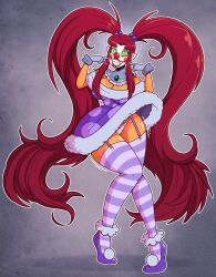 alternate_hairstyle cameltoe cleavage clothed clown clown_girl clownification dc_comics dress female_only femsub finger_to_mouth garter_straps gloves green_eyes green_sclera knees_together makeup panties red_hair simple_background smile solo spiral starfire thighhighs twintails underwear upskirt very_long_hair wrenzephyr2