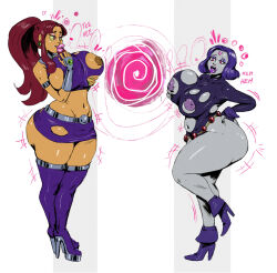 alien alien_girl alternate_hairstyle ass_expansion bimbo_sparkles bimbofication brain_drain breast_expansion breasts dc_comics female_only femsub happy_trance high_heels huge_ass huge_breasts hypnotic_orb laughing lip_expansion nipples raven starfire super_hero tagme teen_titans torn_clothes