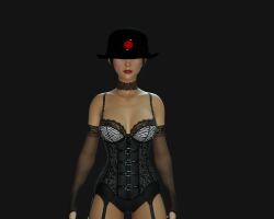 bare_shoulders black_background black_lipstick corset disney expressionless female_only femsub fingerless_gloves garter_straps gloves hat hypnovideotoo lingerie lipstick meet_the_robinsons opera_gloves simple_background solo standing tech_control