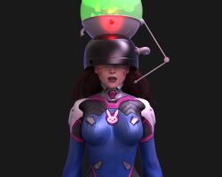 3d black_background bodysuit brown_hair d.va dazed empty_eyes expressionless face_paint female_only femsub gloves helmet hypnovideotoo jimmy_neutron_(series) lipstick long_hair makeup overwatch shoulder_pads simple_background solo standing standing_at_attention tech_control yolkian