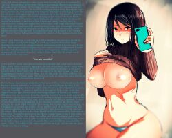 black_hair blush breasts brown_hair caption caption_only cell_phone cleavage eye_(mememem) female_only femsub grima180_(manipper) happy_trance large_breasts long_hair manip mirror panties smile sweater tech_control text unaware underwear