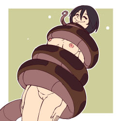 attack_on_titan black_hair border breasts closed_eyes coils disney efalabrino femsub green_background happy_trance kaa legs lying mikasa_ackerman nipples nude pussy restrained short_hair smile the_jungle_book