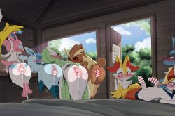  ass ass_grab bed bent_over blush braixen censored cinderace cum cum_in_pussy dagasi erect_nipples femsub furry gardevoir glaceon happy_trance hypno lopunny lucario lying malesub multiple_boys multiple_girls multiple_penises multiple_subs nintendo on_back penis pokemon pokemon_(creature) presenting pussy pussy_juice spiral_eyes sylveon tagme 