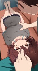 alice_(mind_and_magic) breast_grab brown_hair dazed empty_eyes etlabsotwe groping large_breasts mind_and_magic on_back