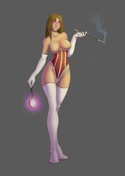  absurdres bare_breasts bare_shoulders breasts breasts_outside brown_hair corset female_only gloves glowing_eyes hypnotic_accessory hypnotized_dom hypnotized_hypnotist kaunedraws opera_gloves original pocket_watch pov pov_sub purple_eyes simple_background smoke smoking speech_bubble standing tagme thigh_boots thighhighs 