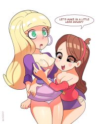 absurdres aged_up cleavage disney drool earrings english_text female_only femdom femsub fishnets gravity_falls jewelry mabel_pines nipple_play ohiekhe pacifica_northwest panties short_skirt speech_bubble spiral_eyes symbol_in_eyes text underwear white_background white_panties yuri 