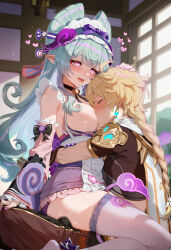 aether_(genshin_impact) age_regression ai_art breast_sucking breasts burner1_(generator) genshin_impact hypnotic_breasts hypnotic_eyes hypnotic_voice mizuki_yumemizuki