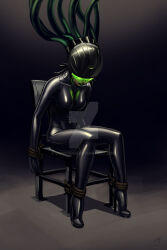 black_hair bodysuit breasts cables corruption dwwrider expressionless glowing gradient_background green_eyes helmet high_heels latex original rope rubber short_hair simple_background sitting tech_control tight_clothing tubes visor watermark