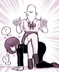  absurdres all_fours alternate_costume alternate_hairstyle bare_legs blush closed_eyes clothed comic confused costume crossdressing crossed_legs eyeshadow femsub human_furniture humor legs makeup maledom masculinization nail_polish omeok911 original shoes short_hair sitting sparkle speech_bubble spiral spiral_eyes sweat symbol trembling 