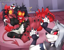 collar demon_girl domedvortex eyelashes feet female_only femdom femsub foot_focus furry helluva_boss horns lipstick long_nails loona_(helluva_boss) millie_(helluva_boss) multiple_girls open_mouth piercing red_eyes sallie_(helluva_boss) sharp_teeth sisters spiral_eyes tail tickling watermark wolf_girl yellow_eyes