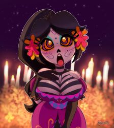 absurdres ahegao black_hair blush breasts canal_5 candle catalina_la_catrina cleavage clothed dress female_only femsub flame flower gloves glowing glowing_eyes happy_trance huge_breasts kaa_eyes large_breasts long_hair looking_at_viewer magaska19 makeup manip open_mouth solo symbol_in_eyes tongue tongue_out white_skin