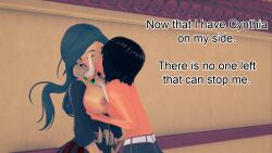 altered_perception ash_ketchum black_hair breast_grab breasts breasts_outside closed_eyes clothed dialogue drasna_(pokemon) english_text femsub kissing maledom mustardsauce nipples pokemon pokemon_(anime) text topless unaware