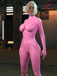 black_eyes black_sclera blonde_hair bodysuit breasts cameltoe collar creativeguy59 drone female_only femsub latex lipstick looking_at_viewer original rubber short_hair signature solo standing tech_control tight_clothing