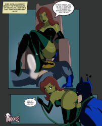  ass ass_focus ass_worship batman batman_(series) bent_over bottomless cape censored comic dc_comics english_text femdom green_eyes green_lipstick green_skin happy_trance heart hypnotic_gas leash malesub mask pheromones poison_ivy red_hair sitting sitting_on_face speech_bubble text varknes vines 