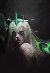 alternate_color_scheme alternate_costume aura bare_shoulders body_markings control_indicator corruption crossover crown expressionless eye_color_change eyeshadow femsub floating green_eyes league_of_legends lipstick looking_at_viewer makeup maledom nier_automata pale_skin possession purple_lipstick ruination shixiang_zhao square_enix tattoo very_long_hair viego_(league_of_legends) white_hair yorha_type_a_no._2