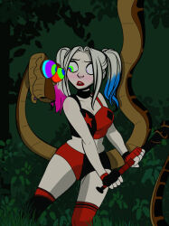  bare_shoulders blonde_hair cleavage clothed coils colorrings curvy dc_comics disney femsub fingerless_gloves harley_quinn hypnotic_eyes jungle kaa kaa_eyes maledom snake the_jungle_book thick_thighs twintails 