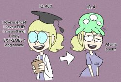  before_and_after blonde_hair brain_drain brain_slug clothed dialogue english_text female_only femsub futurama glasses green_skin lab_coat multiple_eyes open_mouth original parasite ponytail purple_background rickmisc scientist shirt simple_background smile t-shirt text unfocused_eyes 