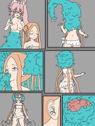 abigail_williams ass bare_shoulders bb_(fate/extra_ccc) blonde_hair blue_eyes brain_injection breasts cleavage closed_eyes comic empty_eyes eye_color_change fate/extra_ccc fate/grand_order fate_(series) femsub from_behind goddess grey_background hypnotic_slime justlooking727 koyanskaya maledom midriff multicolored_eyes navel nude pink_hair possession ritsuka_fujimaru_(male) simple_background slime story