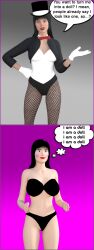 3d absurdres before_and_after black_hair comic dc_comics dialogue doll dollification female_only femsub smile super_hero text theheckle top_hat zatanna_zatara