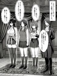 ai_art black_hair braid breasts comic copyright_request dazed empty_eyes expressionless femsub huge_breasts long_hair maledom monochrome multiple_girls school_uniform short_hair small_breasts standing standing_at_attention tagme text thighhighs translation_request uniform yume_6629_(generator)