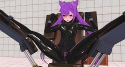 3d absurdres bondage chair femsub genshin_impact keqing latex purple_hair restrained tech_control