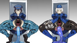  black_hair blue_eyes body_writing censored clothed clothed_exposure crotch_cutout elizabeth_(persona_3) female_only femsub hairy inanimate_object multiple_girls multiple_subs naoto_shirogane orange_eyes persona_(series) police_uniform pubic_hair scat smile toilet uraxia white_hair 