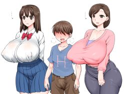  artist_request blush breasts brown_eyes bulge cleavage erect_nipples erection expressionless femsub happy_trance huge_breasts long_hair milf no_eyes open_mouth paradise_lost penis school_uniform short_hair shota skirt tagme white_background 