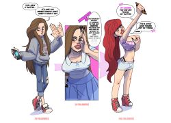 before_and_after bimbofication breast_expansion breasts brown_hair comic dialogue femsub glowing glowing_eyes humor jeans large_lips original phone plastikcherub red_hair shorts skirt text